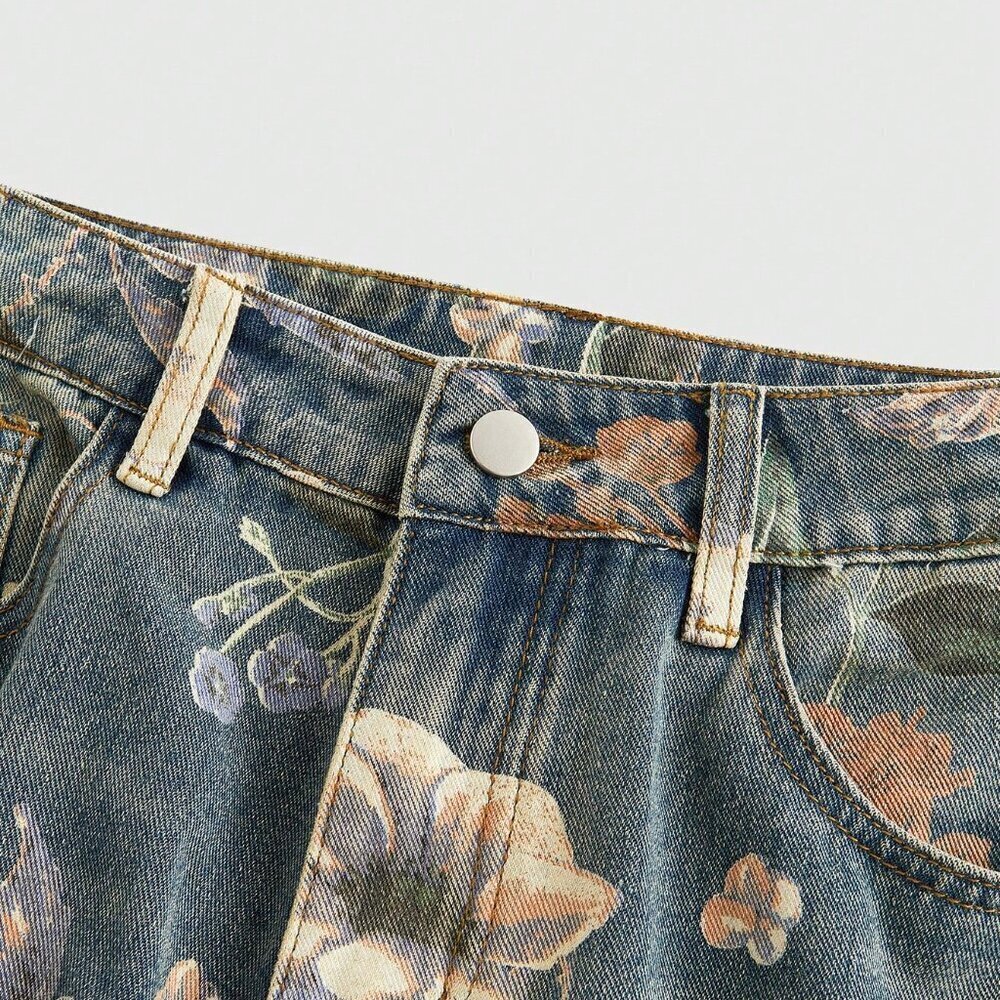 Blue Casual Women's Floral Printed Washed Loose Wide Leg Jeans - Picture 3 of 5